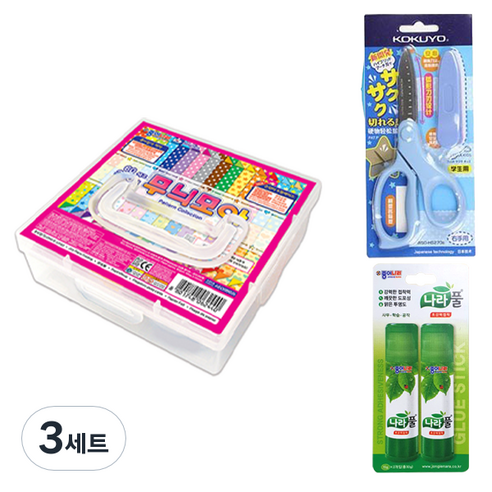 종이나라 13000 무늬모아 색종이 케이스 300매 + 고쿠요 SAXA 플라이 캡 가위 블루 + 나라풀 15g x 2p 세트, 3세트, 30색