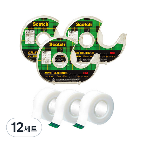 쓰리엠 스카치 매직 테이프 디스펜서 122 18mm x 16m + 리필 18mm x 15m 세트, 혼합색상, 12세트