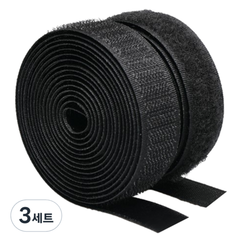 쿠말 접착 초강력 벨크로 테이프 갈고리면 20mm x 10m + 부착면 20mm x 10m 세트, 블랙, 3세트