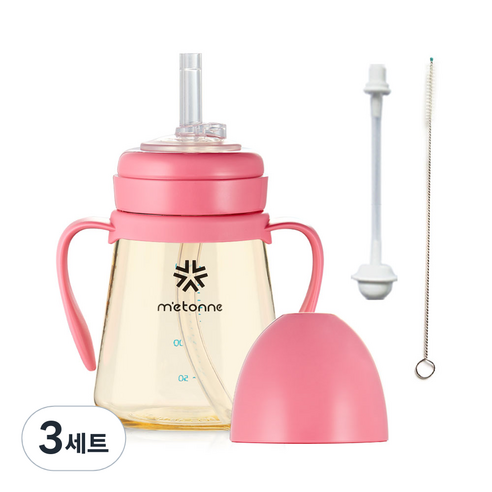 메똔느 PPSU NEW M3 빨대컵 + 추 빨대 + 세척솔, 200ml, 3세트, 핫핑크
