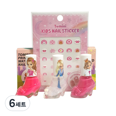 투미니 어린이 프린세스 수성 매니큐어 + 스티커 랜덤발송, BS세트(핑크, 체리핑크, 투명), 6개