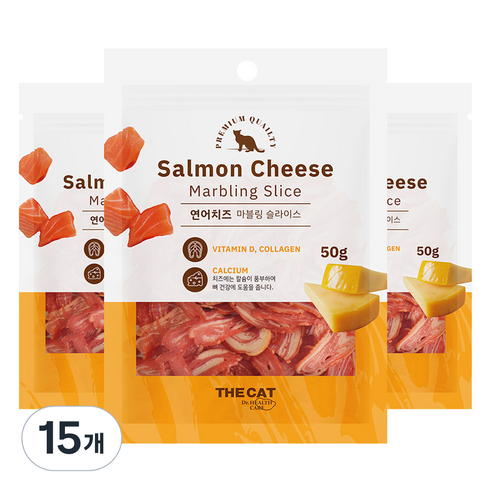 더캣 고양이 마블링 슬라이스 간식, 혼합맛(연어/치즈), 50g, 15개