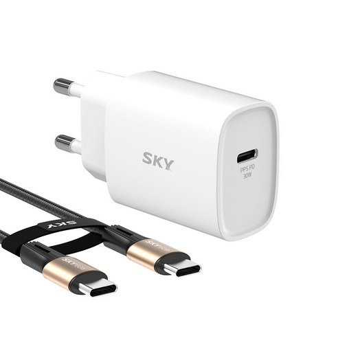   SKY 필 GaN 30W 고출력 USB-PD PPS C타입 초고속 충전 어댑터 + C to C 60W 초고속 충전 케이블 1.2m 세트, 화이트(어댑터), 1개