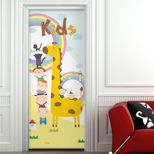 꾸밈 현관문 시트지, 기린과어린이친구들, 100 x 210 cm