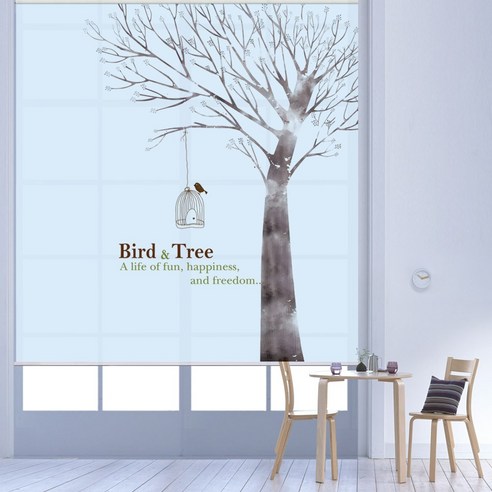 스코홈 북유럽 감성 롤스크린, Tree&Bird (블루)