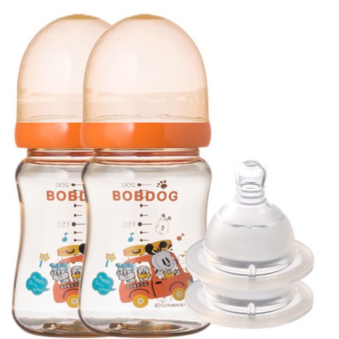 리틀밥독 PPSU 유꼭지젖병 트윈팩 200ml 젖꼭지 2개입, 2단계(0~3개월), 오렌지