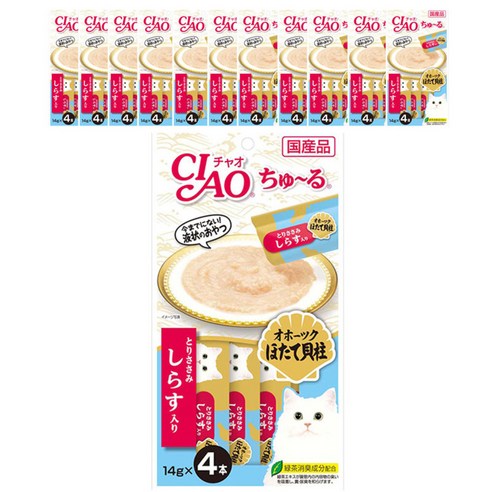 이나바 고양이 챠오츄르 간식, 닭가슴살+조갯살+치어 혼합맛, 12팩