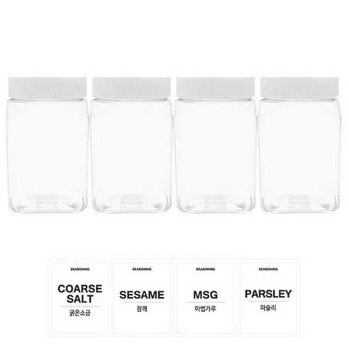 홈앤라이프 투명사각 PET 양념통 350ml 세트, 1세트, 양념통 4p + 흰색캡 4p + 스티커 4p(굵은소금 + 참깨 + 마법가루 + 파슬리)