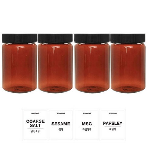 홈앤라이프 갈색원형 PET 양념통 250ml 세트, 1세트, 양념통 4p + 검정캡 4p + 스티커 4p(굵은소금 + 참깨 + 마법가루 + 파슬리)