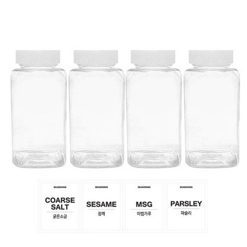 홈앤라이프 투명사각 PET 양념통 200ml 세트, 1세트, 양념통 4p + 흰색캡 4p + 스티커 4p(굵은소금 + 참깨 + 마법가루 + 파슬리)