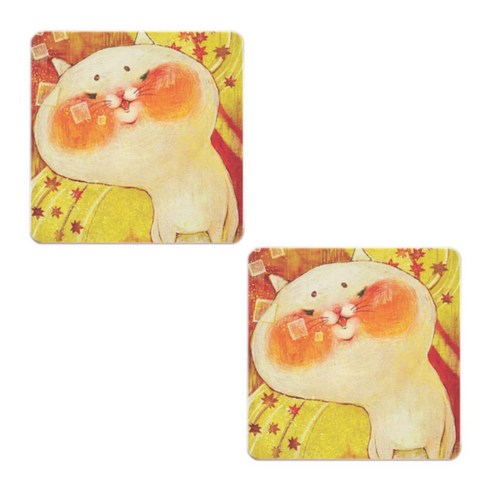 아울리빙 빈티지 우드 유화 컵받침 2P, 냥고양이