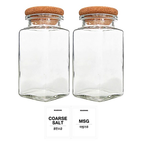 홈앤라이프 유리 양념통 사각 코르크캡 300g 2p 세트, 1세트, 용기 2p + 뚜껑 2p + 투명스티커 (굵은소금 + 마법가루)