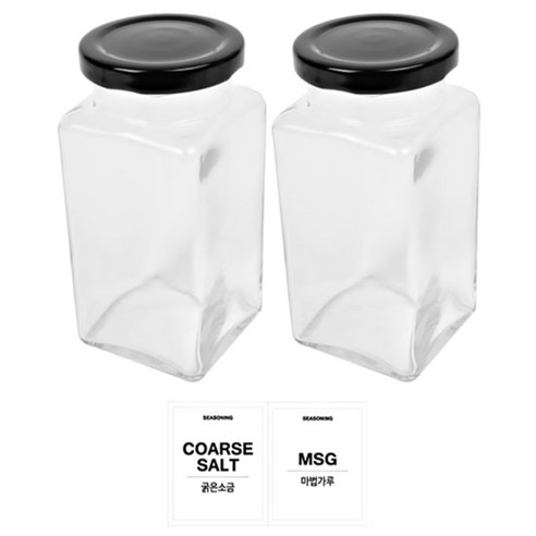홈앤라이프 유리 양념통 사각 블랙캡 300g 2p 세트, 1세트, 양념통 사각 2p + 투명스티커 (굵은소금 + 마법가루)