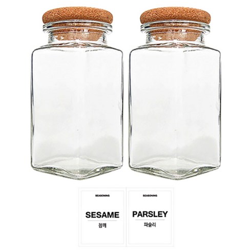 홈앤라이프 유리 양념통 사각 코르크캡 300g 2p 세트, 1세트, 용기 2p + 뚜껑 2p + 투명스티커 (참깨 + 파슬리)
