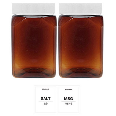 홈앤라이프 갈색 사각 PET 양념통 흰색캡 350ml 2p 세트, 1세트, 용기 2p + 뚜껑 2p + 스티커(소금, 마법가루)