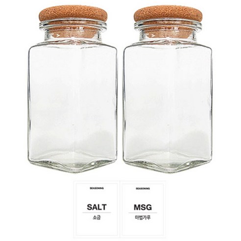 홈앤라이프 유리 양념통 사각 코르크캡 300g 2p 세트, 1세트, 용기 2p + 뚜껑 2p + 투명스티커 (소금 + 마법가루)