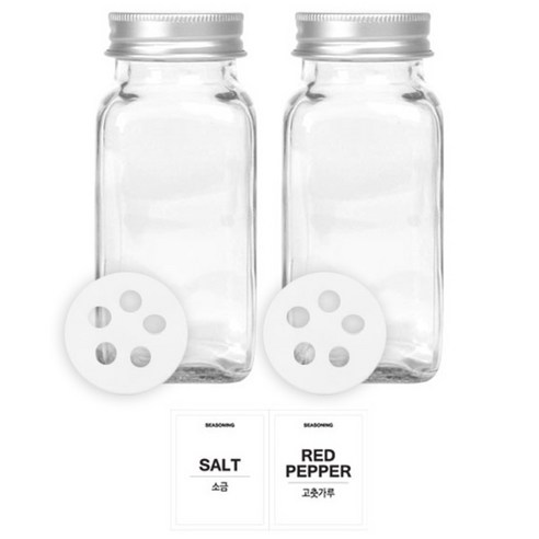 홈앤라이프 유리 양념통 사각 전용캡 180g 2p 세트, 1세트, 양념통 사각 2p + 투명스티커(소금 + 고춧가루)