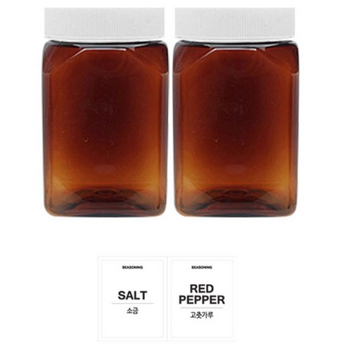 홈앤라이프 갈색 사각 PET 양념통 흰색캡 350ml 2p 세트, 1세트, 용기 2p + 뚜껑 2p + 스티커(소금, 고춧가루)