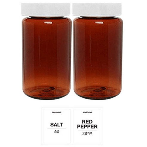 홈앤라이프 갈색 원형 PET 양념통 흰색캡 300ml 2p 세트, 1세트, 양념통 원형 2p + 흰색스티커(소금 + 고춧가루)