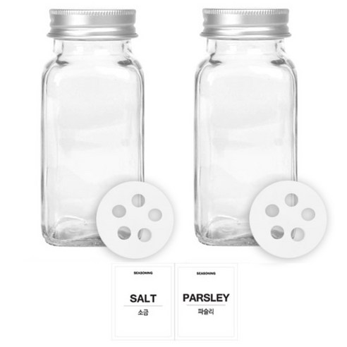 홈앤라이프 유리 양념통 사각 전용캡 180g 2p 세트, 1세트, 양념통 사각 2p + 조미료 전용캡 2p + 투명스티커(소금 + 파슬리)