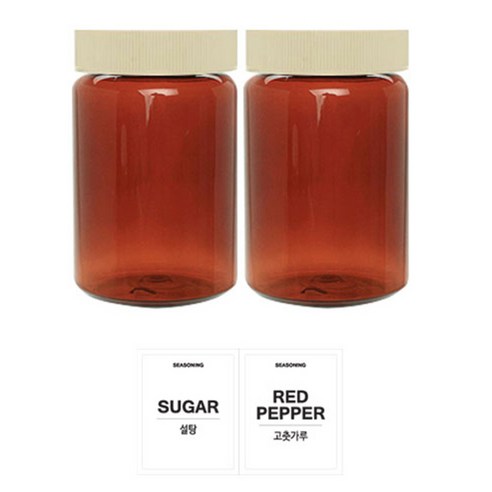 홈앤라이프 갈색원형 PET 양념통 미색캡 250ml 2p 세트, 1세트, PET양념통 2p + 흰색스티커(설탕 + 고춧가루)
