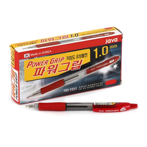 자바펜 1.0 파워그립 저점도 유성볼펜, 빨강, 12개입