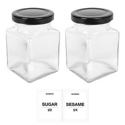 홈앤라이프 유리 양념통 사각 블랙캡 200g 2p 세트, 1세트, 유리 양념통 2p + 투명스티커(설탕 + 참깨)