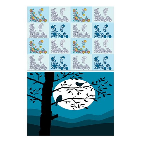 로엠디자인 실리콘 식탁매트 꽃패턴블루 + 나무와새, 혼합 색상, 385 x 285 mm