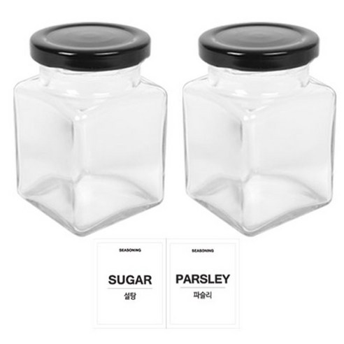 홈앤라이프 유리 양념통 사각 블랙캡 200g 2p 세트, 1세트, 유리 양념통 2p + 투명스티커(설탕 + 파슬리)