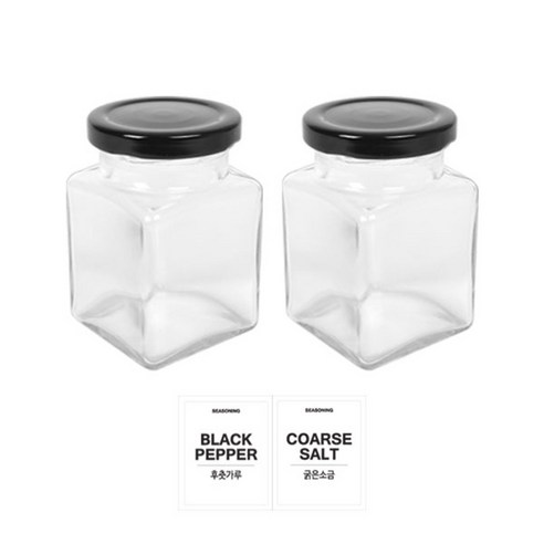 홈앤라이프 유리 양념통 사각 블랙캡 200g 2p 세트, 1세트, 양념통 사각 2p + 투명스티커(후춧가루 + 굵은소금)