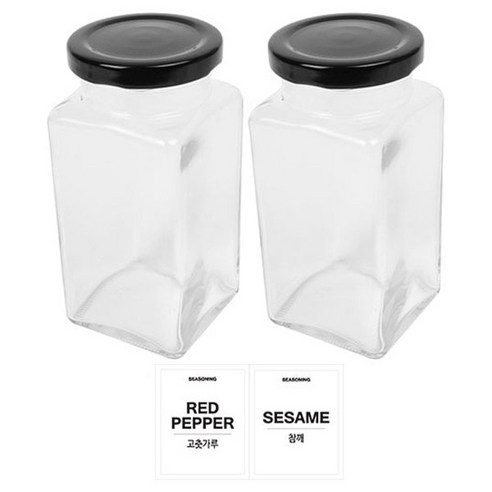 홈앤라이프 유리 양념통 사각 블랙캡 300g 2p 세트, 1세트, 양념통 사각 2p + 투명스티커 (고춧가루 + 참깨)