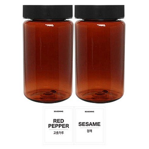 홈앤라이프 PET 갈색원형 양념통 검정캡 300ml 2p 세트, 1세트, 양념통 갈색원형 2p + 흰색스티커 (고춧가루 + 참깨)