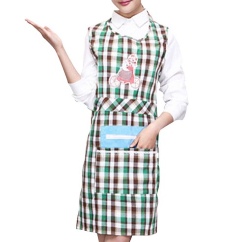 아울리빙 체크 패턴 주방 앞치마, 자전거 그린, 1개