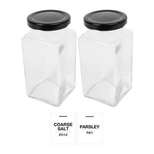 홈앤라이프 유리 양념통 사각 블랙캡 300g 2p 세트, 1세트, 양념통 사각 2p + 투명스티커(굵은소금 + 파슬리)