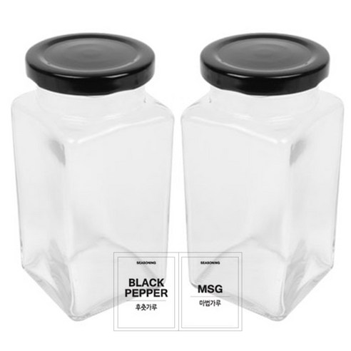 홈앤라이프 유리 양념통 사각 블랙캡 300g 2p 세트, 1세트, 양념통 사각 2p + 투명스티커(후춧가루 + 마법가루)
