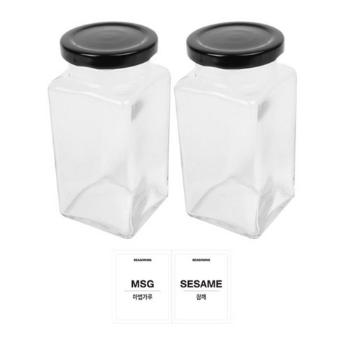 홈앤라이프 유리 양념통 사각 블랙캡 300g 2p 세트, 1세트, 양념통 사각 2p + 투명스티커(마법가루 + 참깨)