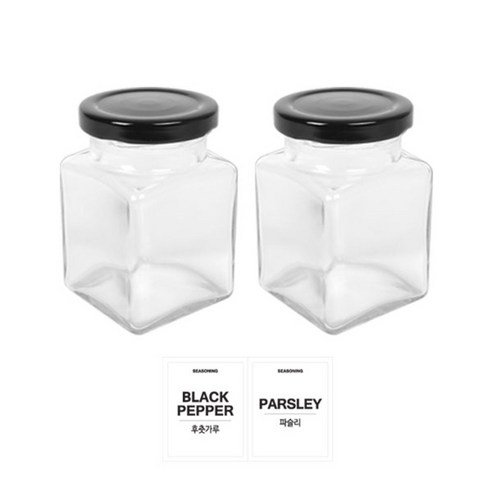 홈앤라이프 유리 양념통 사각 블랙캡 200g 2p 세트, 1세트, 양념통 사각 2p + 투명스티커(후춧가루 + 파슬리)