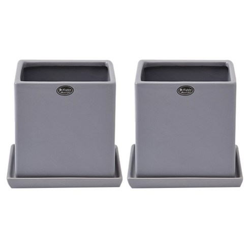 행복한세상 무광택 사각 화분 2p + 화분받침 2p 세트, 그레이