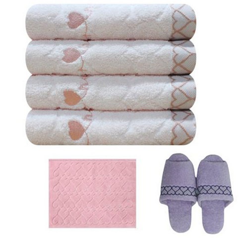 송월타월 스윗하트 슈가 세면타올 연분홍 4p + 슬리퍼 보라 + 발매트, 분홍, 1세트
