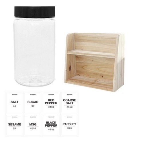 병도매닷컴 투명원형 PET 양념통세트, 1세트, 투명원형PET양념 300ml x 8p + 검정캡 8p + 라벨스티커 8p + 오픈 2단 선반