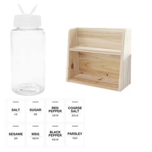병도매닷컴 투명원형 PET 양념통세트, 1세트, 투명원형PET양념통 200ml x 8p + 조미료투명캡 8p + 라벨스티커 8p + 오픈 2단 선반