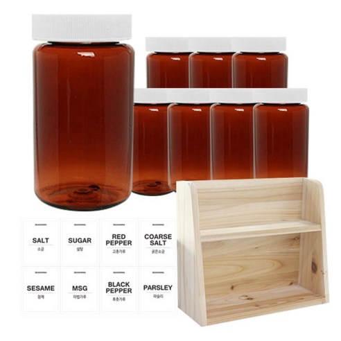 병도매닷컴 갈색 원형 PET 양념통 세트, 1세트, 갈색원형PET양녕통 300ml x 8p + 흰색캡 8p + 라벨스티커 8p + 오픈 2단 선반