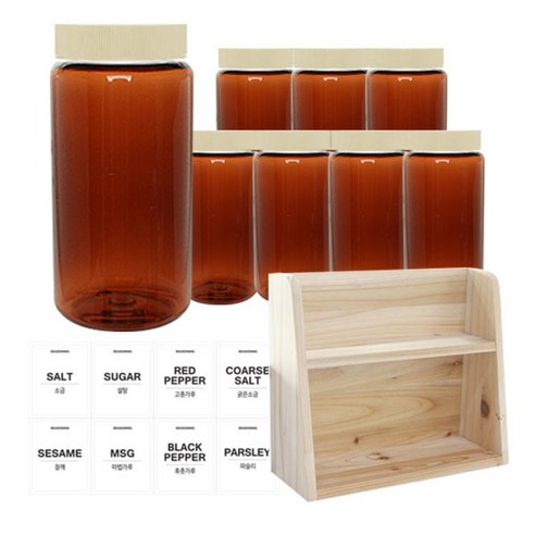 병도매닷컴 갈색 원형 PET 양념통 세트, 1세트, 갈색원형PET양녕통 350ml x 8p + 미색캡 8p + 라벨스티커 8p + 오픈 2단 선반