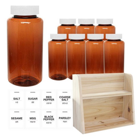 병도매닷컴 갈색 원형 PET 양념통 세트, 1세트, 갈색원형PET양념통 200ml x 8p + 흰색캡 8p + 라벨스티커 8p + 오픈2단 선반