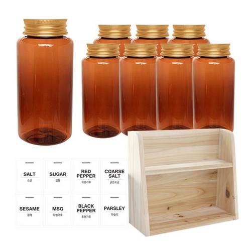 병도매닷컴 갈색 원형 PET 양념통 세트, 1세트, 갈색원형PET양념통 200ml x 8p + 알루미늄골드캡 8p + 라벨스티커 8p + 오픈2단 선반