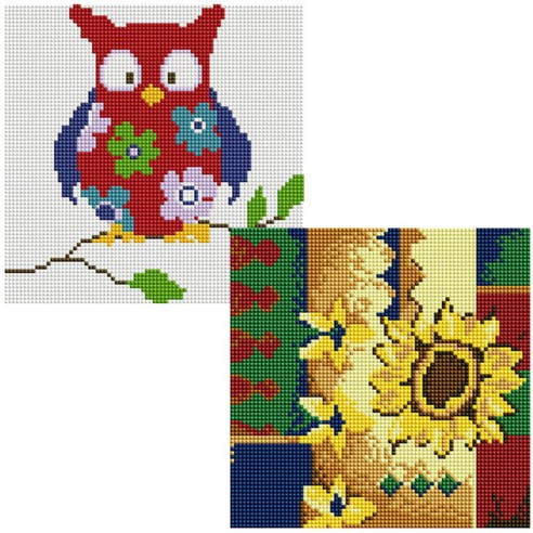 헬로페인팅 보석십자수 20x20 나무틀 꽃부엉이 2p 세트, 꽃부엉이, 해바라기, 1세트