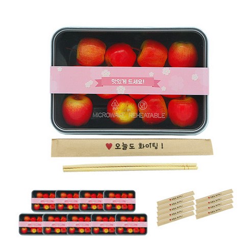 도나앤데코 PP내열 도시락용기 블랙한칸 10p + 맛있게드세요 벚꽃띠지 스티커 핑크 10p + 크라프트 대나무젓가락 오늘도 파이팅 10p, 1세트, 용기하단 10p + 뚜껑 10p + 띠지스티커 10p + 젓가락 10p