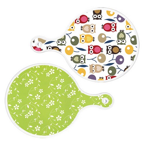 로엠디자인 서빙 원형 도마 보드 2p 부엉이 세트, 부엉이, 라인플라워 그린, 1세트