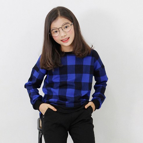 또래친구 여아용 글렌체크 맨투맨티셔츠, 블루