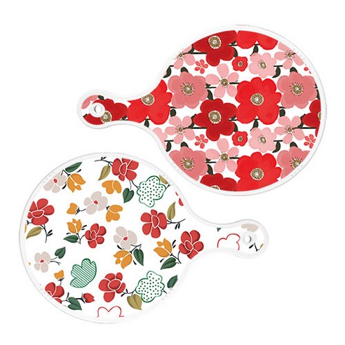 로엠디자인 서빙 도마 2p 붉은빛 동백원형 세트, 붉은빛동백원형, floral목련패턴원형, 1세트
